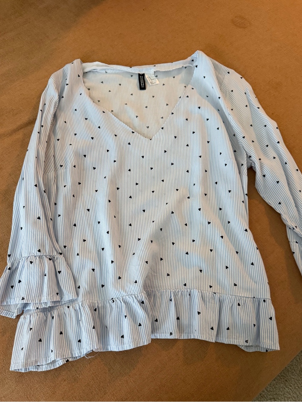 H&M Light Blue Striped V-Neck Blouse with Navy Heart Dots and Ruffle Hem